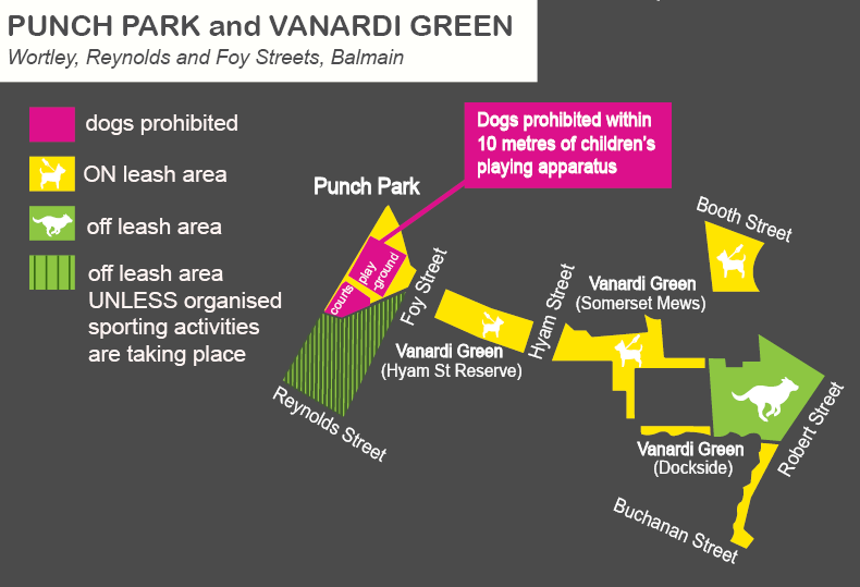 A map of Punch Park and Vanardi Green off leash dog areas