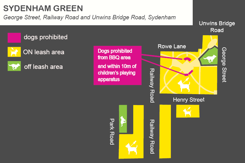 A map of Sydenham Green off leash dog areas